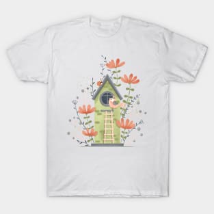 Green bird house and flowers T-Shirt